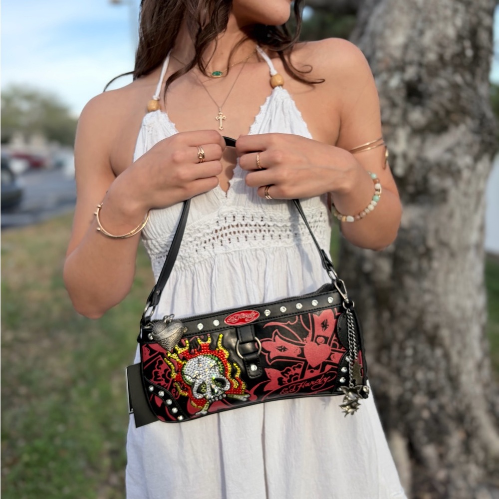 Ed Hardy Black and Red Skull Shoulder Bag